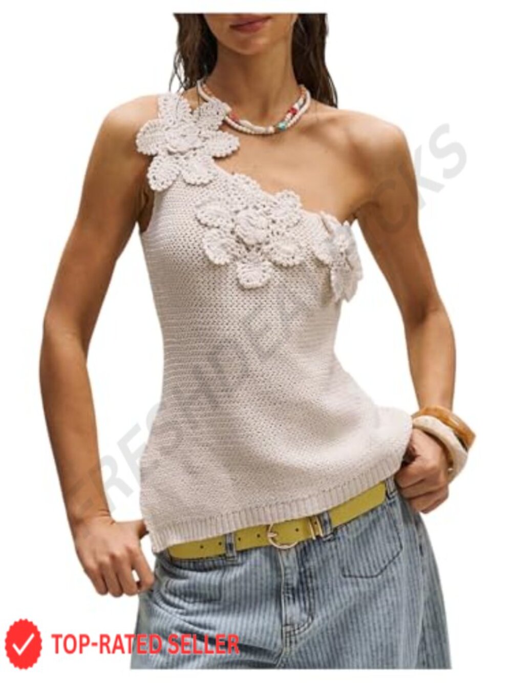 One Shoulder Crochet Sweater Vest 3D Floral Asymmetrical Knit Tank Top